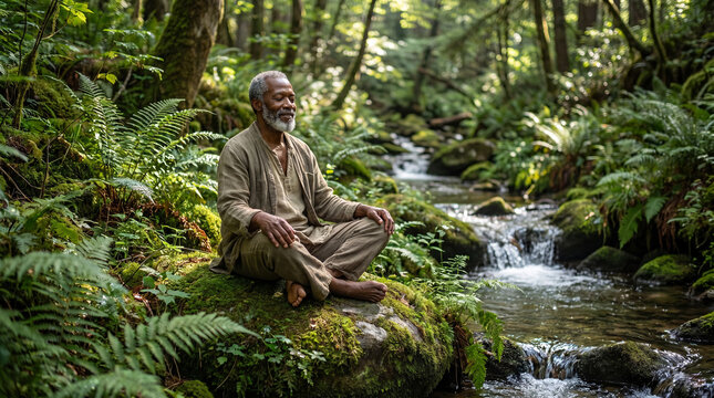 International Yoga Day man forest stream meditation nature harmony connection for holiday wellness spiritual peaceful grounded natural lifestyle design