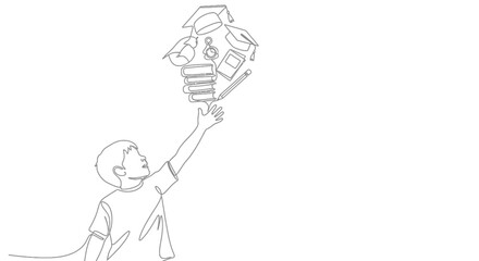 Fototapeta premium Boy Reaching for Lightbulb of Knowledge: Graduation Caps, Books, Pencil, Clock