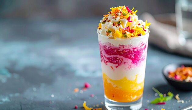 Traditional Indian kulfi falooda served cold in an elegant glass, rich textures, colorful layers, ultra detailed food photography
