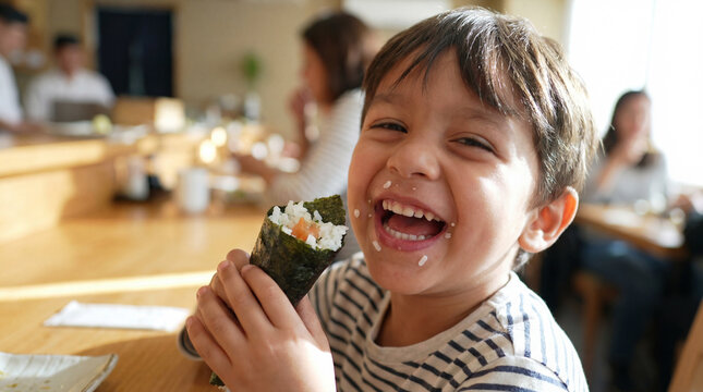 International Sushi Day child boy eating hand roll sushi laughing joyful expression for holiday food celebration culinary promotional design