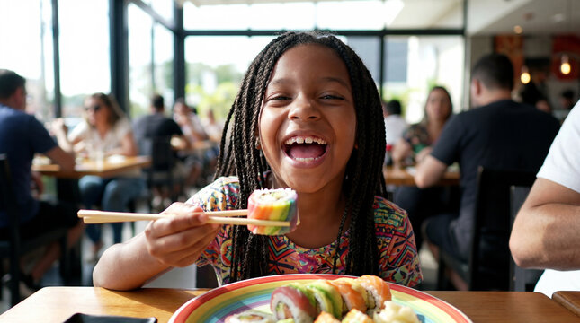 International Sushi Day girl child eating rainbow roll restaurant laughing joyful expression for holiday food celebration culinary promotional design