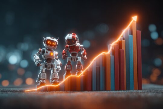Robotic reality: how automation rewrites job dynamics. Financial charts. Enhanced futurism: holograms and robots redefine professional spaces. Investment growth. Stock performance.