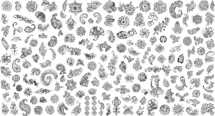 Henna paisley vector elements, black and white mandala floral ornaments, traditional indian mehndi pattern collection, ethnic decorative set © 爱心binragh