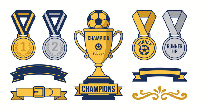Football soccer champion trophy cup with medals and ribbons vector illustration.
