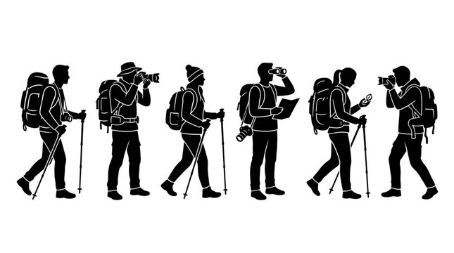 Dynamic collection of outdoor enthusiasts on a hiking expedition, illustrating different aspects of an active lifestyle from scenic exploration to navigation and capturing memories