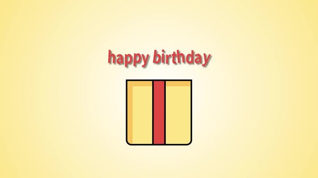 2D cartoon animation of a yellow gift box opening to reveal a "happy birthday" text with colorful confetti on a yellow gradient background. Perfect for birthday greetings, invitations, and holiday cel