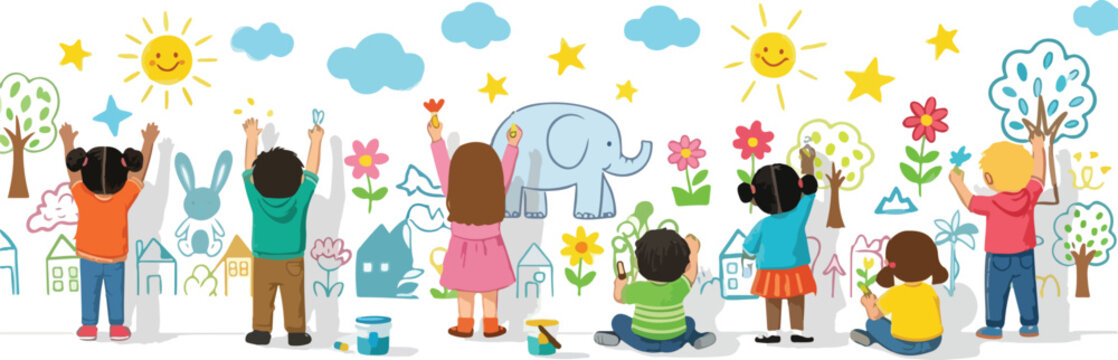 Hand drawn children mural vector, diverse kids painting colorful wall art, creative elementary school students drawing sun and elephant