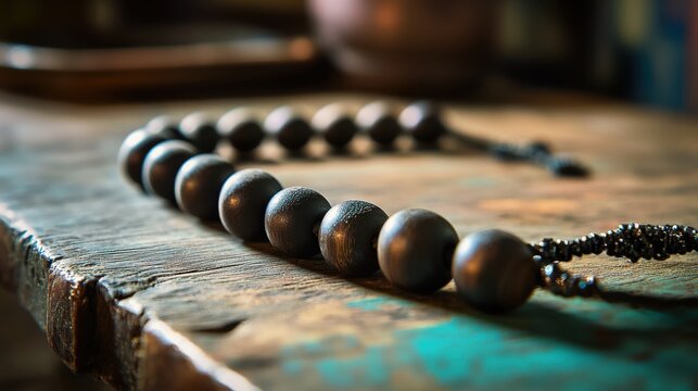 Close up of smooth ebony wooden beads on a table
