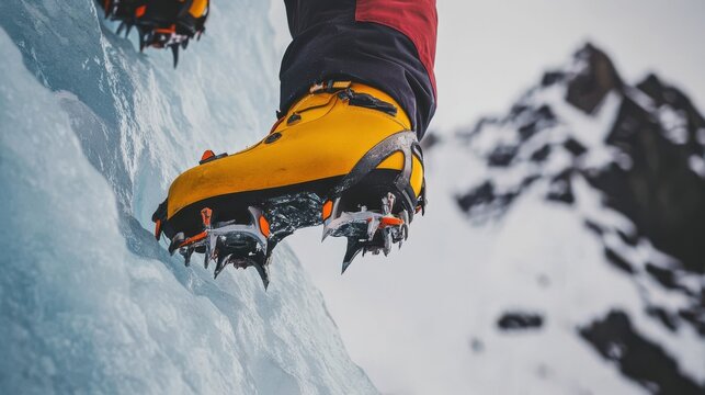 Foot with crampons climbing ice in the wintery mountains