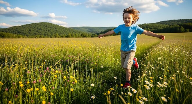 Happy child running in green field.