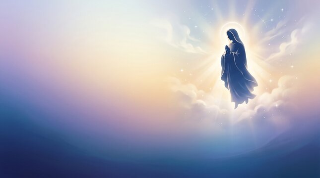 Assumption of Mary gradient banner with Mary silhouette and celestial glow