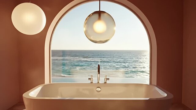 A serene coastal bathroom interior featuring an arched window and freestanding tub against ocean view