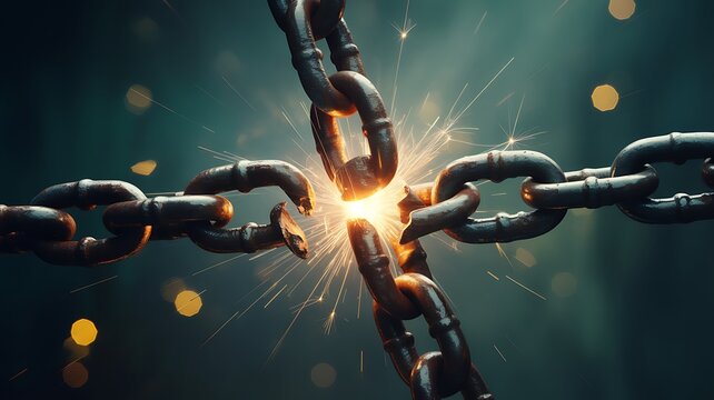 Broken metal chain with sparks symbolizing freedom strength resilience and breakthrough concept