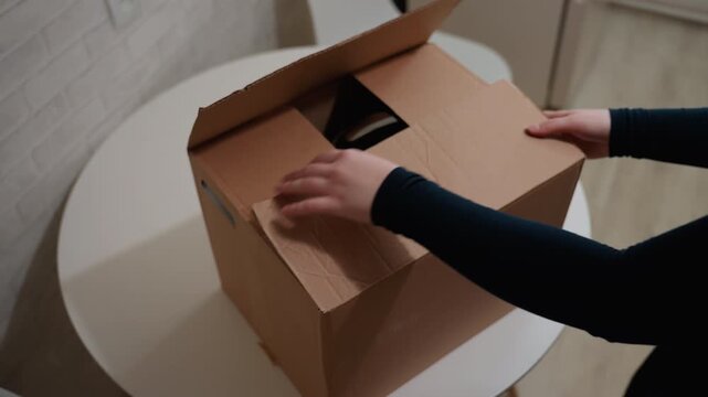 Unpacking kettle and mugs on table, box placed on round white table then opened to reveal kettle and cups, hands gently remove items, apartment interior, settling into new home, careful arrangement,