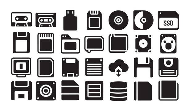 Storage media evolution icons including cassette tapes floppy disks flash drives and memory.