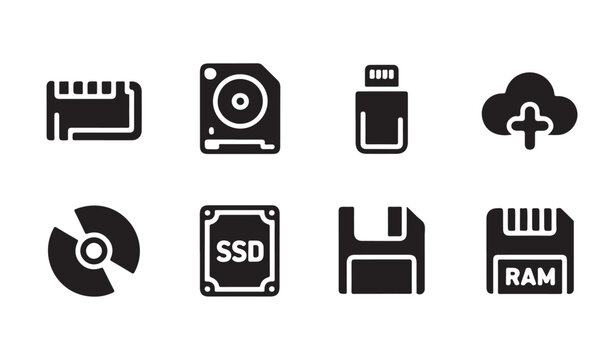 Collection of storage device icons including RAM SSD USB flash drive and cloud storage.