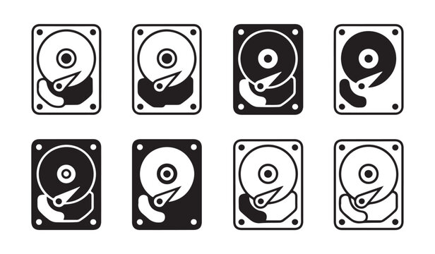 Set of eight hard disk drive icons with different stroke weights on transparent background.