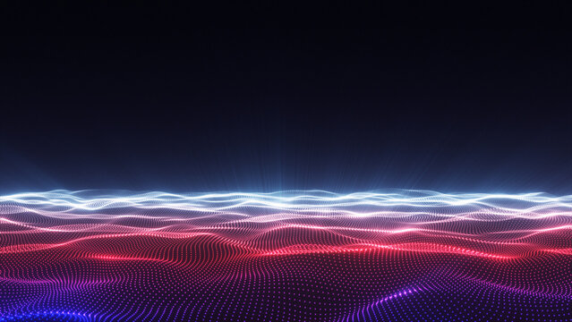 Red white and blue particle wave landscape, Independence Day digital background in 4k