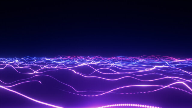 Glowing purple particle waves with flowing digital structure, technology background in 4k