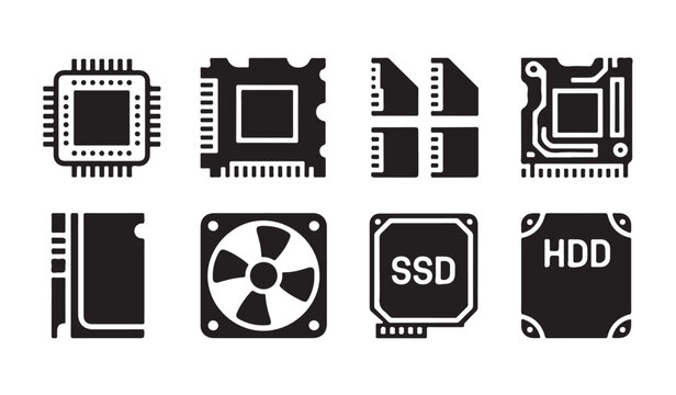 Computer components and processor chips icons set on transparent background vector art set.