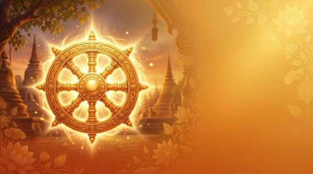 Dhammacakka Festival gradient banner in gold and saffron tones, Dharma wheel glowing with sacred light, Buddhist spiritual atmosphere