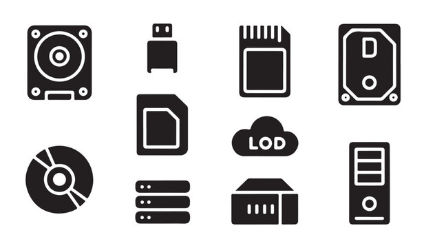 Digital storage and computing hardware icons collection on transparent background view set.