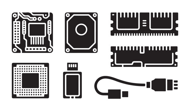 Computer hardware components and peripheral icons set for pc building and technical design.