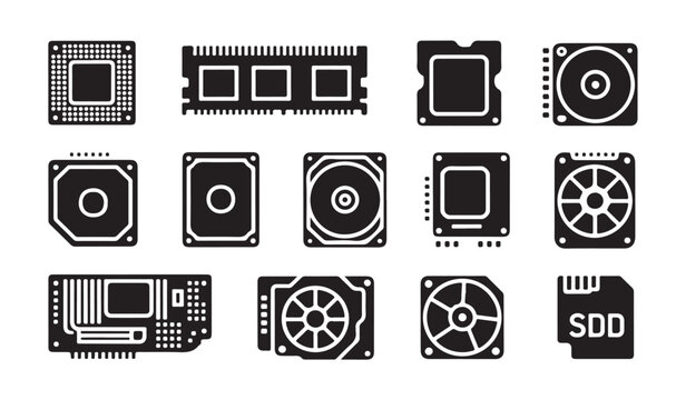 Computer cooling fans and processing units icons for thermal management and server hardware.
