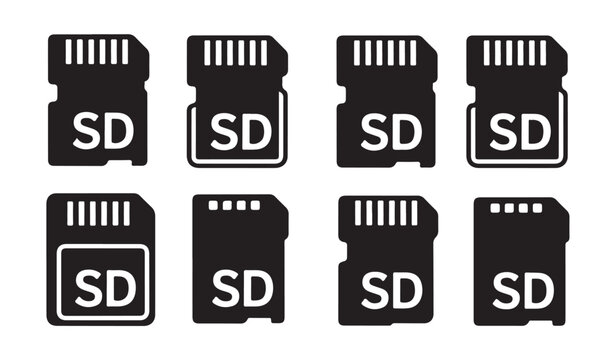 Set of sd card icons, memory cards for data storage, secure digital, technology, electronics.