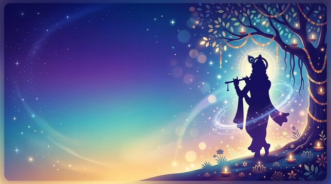 Krishna Janmashtami gradient banner with Krishna silhouette and celestial glowing effects
