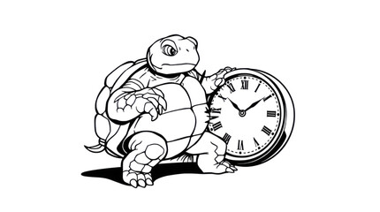 Obraz premium Turtle Cartoon Holding Antique Clock a Symbol of Slow Progress and Timeless Wisdom