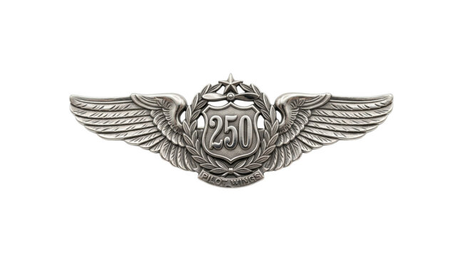 Vintage Silver Pilot Wings Badge with 250 Shield, Military Aviation Crest and Laurel Wreath Vector