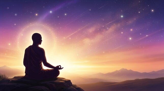 Paryushan Parva gradient banner with Jain monk silhouette and celestial glow, pure spiritual vibe