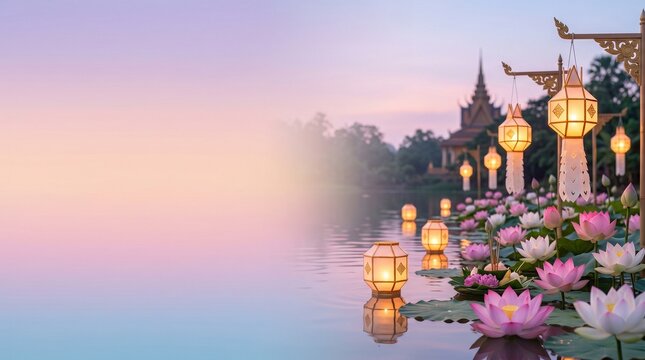 Cambodian Pchum Ben Festival Background with Soft Pastel Gradient, Elegant Lotus Flowers and Glowing Lanterns for Ancestors Day Spiritual Celebration