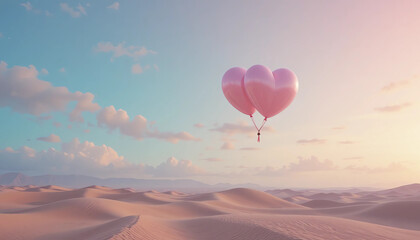 Fototapeta premium Pink heart-shaped balloon floating in a pastel desert sky, minimalist surreal artwork, soft lighting