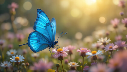 Blue origami butterfly resting on wildflowers, magical garden background, shallow depth of field