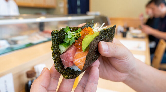 International Sushi Day hand roll closeup fresh seaweed wrap for holiday food celebration culinary promotional restaurant menu design