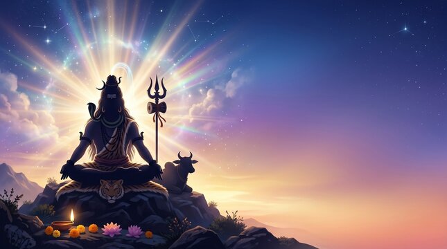 Shravan Somvar Vrat Banner Background with Lord Shiva Silhouette, Celestial Light Rays and Spiritual Gradient for Sawan Month Devotional Greeting Card