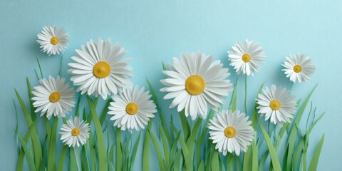 Fototapeta premium Vibrant Paper Flowers with Bright Yellow Centers on Light Blue Background, Perfect for Spring and Floral Themes in Craft Projects, Events, and Decor