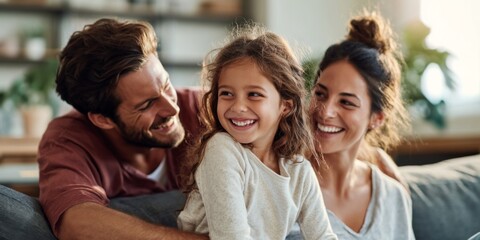 Obraz premium Happy family enjoying quality time together in a cozy living room with natural light and warm atmosphere, showcasing love and connection between parents and child.