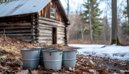 Obraz premium Rustic Log Cabin and Metal Buckets for Maple Sap