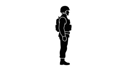 Soldier stands in a side profile silhouette wearing tactical military gear and a helmet. © labubu