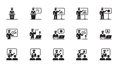 Fototapeta premium Professional presentation icons with business speakers showing data on whiteboard flat vector.