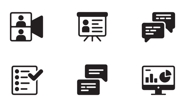 Online meeting and communication icon set. simple glyph style with video call and chat bubbles.