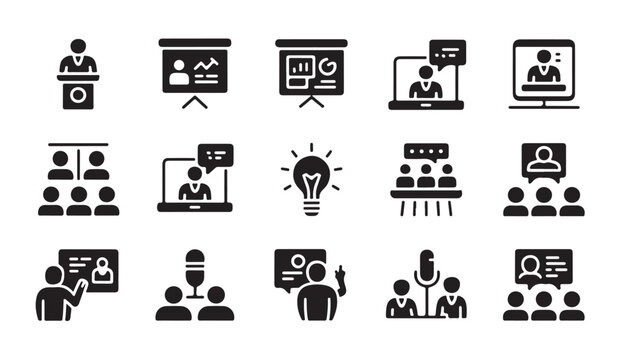 Webinar and online learning collection icons featuring digital presentation seminar setup.
