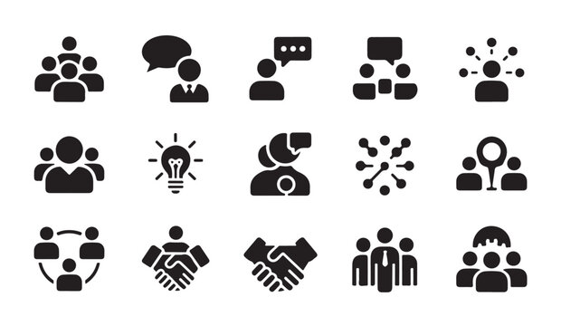 Team collaboration and professional partnership icon set for corporate management strategy.