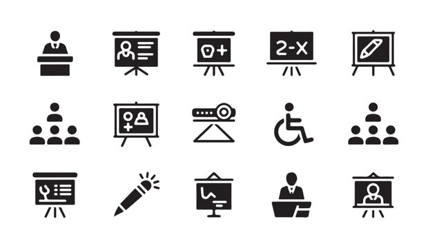 Academic lecture and classroom teaching equipment icons for educational school presentations.