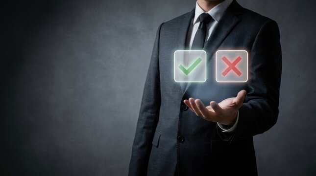 Businessman making decision between right and wrong choice with illuminated icons.