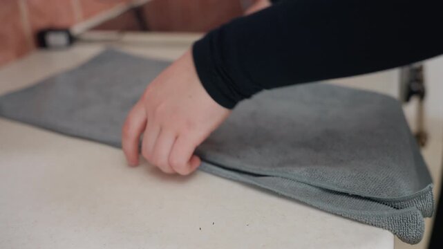 Folding grey towel on countertop hands fold microfiber towel into neat rectangle placing into cardboard box closeup of kitchen tiles calm methodical moving prep organized packing for new apartment