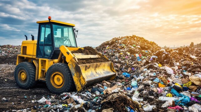 Yellow landfill compactor crushing waste materials in daytime